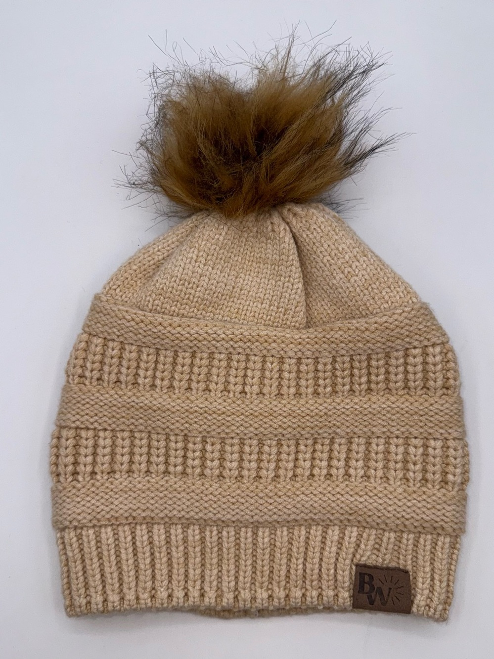 Beautifully Warm Women’s Knit Beanie Hat Faux Fur Pom Pom Satin Lined Beige OS